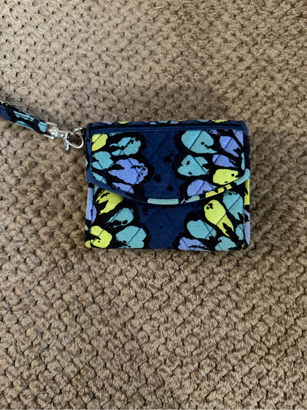 Quilted Vera Bradley Floral Wristlet Card Case - Navy With Yellow & Light Blue